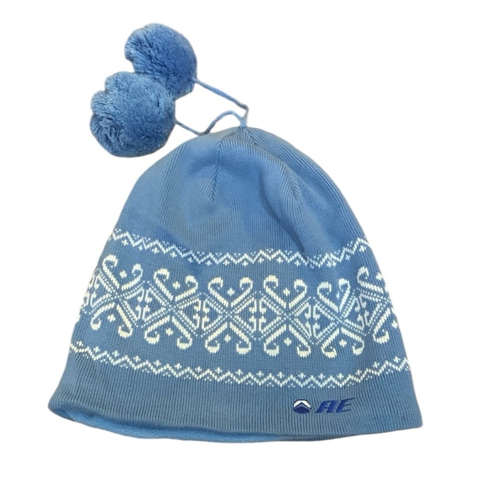 American Eagle Baby Blue Double Puffballs Beanie/Stocking Cap/Toboggan